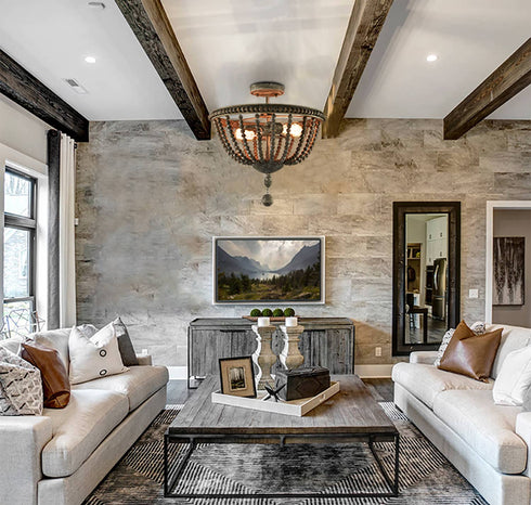 Farmhouse Wood Beaded Semi Flush Mount Ceiling Lights Grey